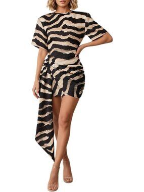 Zebra Striped Bodycon Mini Dress - Short Sleeve, Trendy Summer Fashion Dress